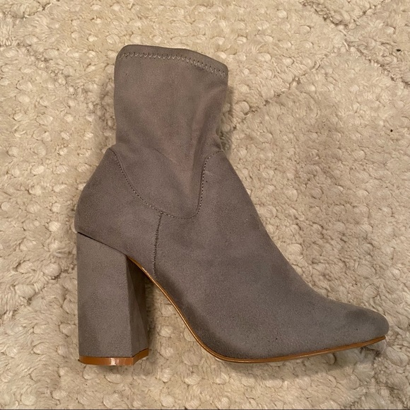 Grey Suede Chunky Block Heel Sock Booties - Picture 3 of 12